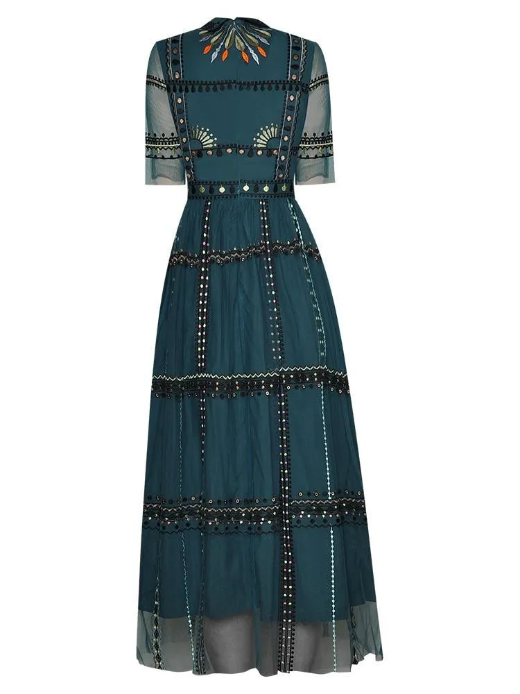Embroidery Vintage mesh long Dress - WF114
