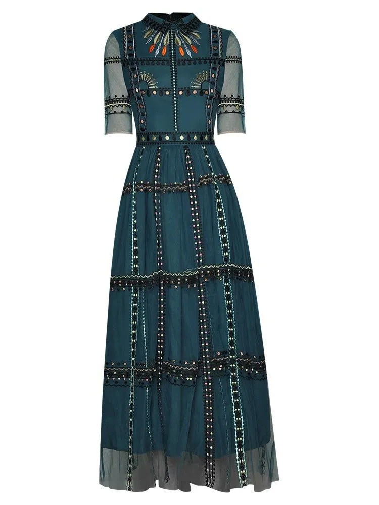 Embroidery Vintage mesh long Dress - WF114