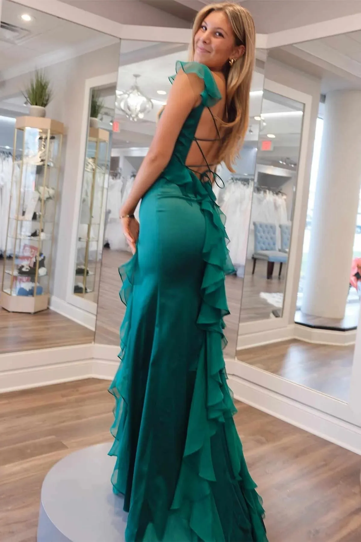 Emerald Green Square Neck Ruffle Slit Prom Dress Formal Dress TP1270