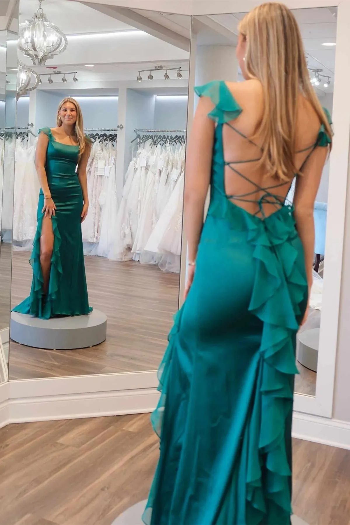 Emerald Green Square Neck Ruffle Slit Prom Dress Formal Dress TP1270