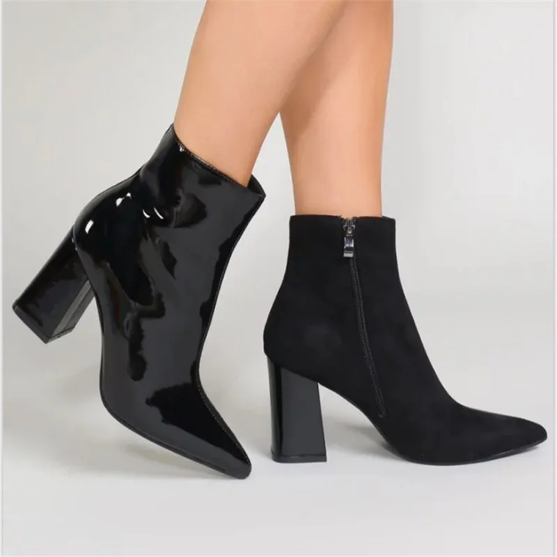 fashion autumn winter boots women pointed toe zip patent leather boots high heels shoes mixed colors women boots