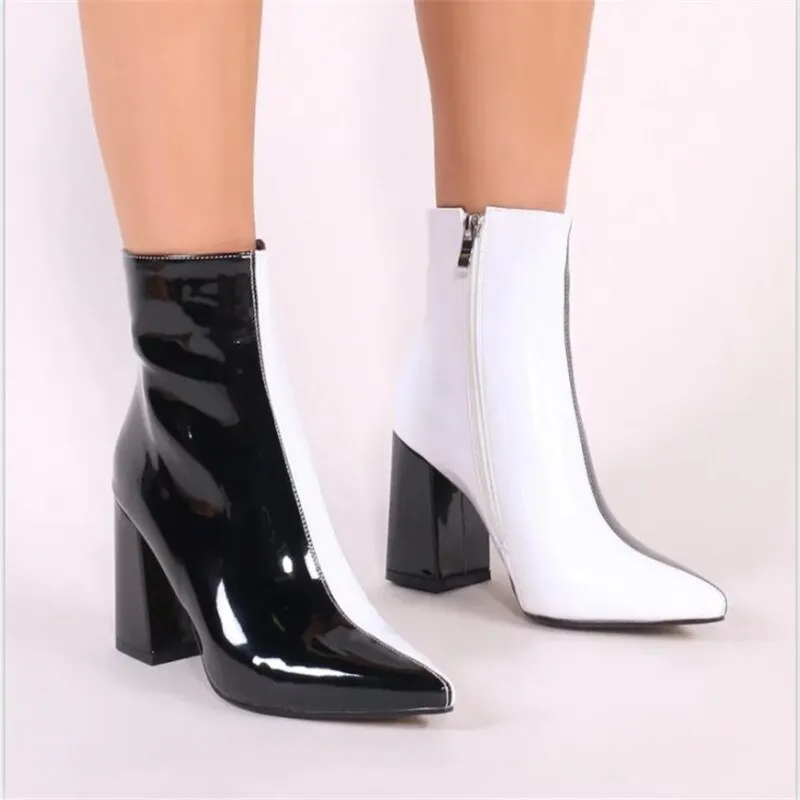 fashion autumn winter boots women pointed toe zip patent leather boots high heels shoes mixed colors women boots
