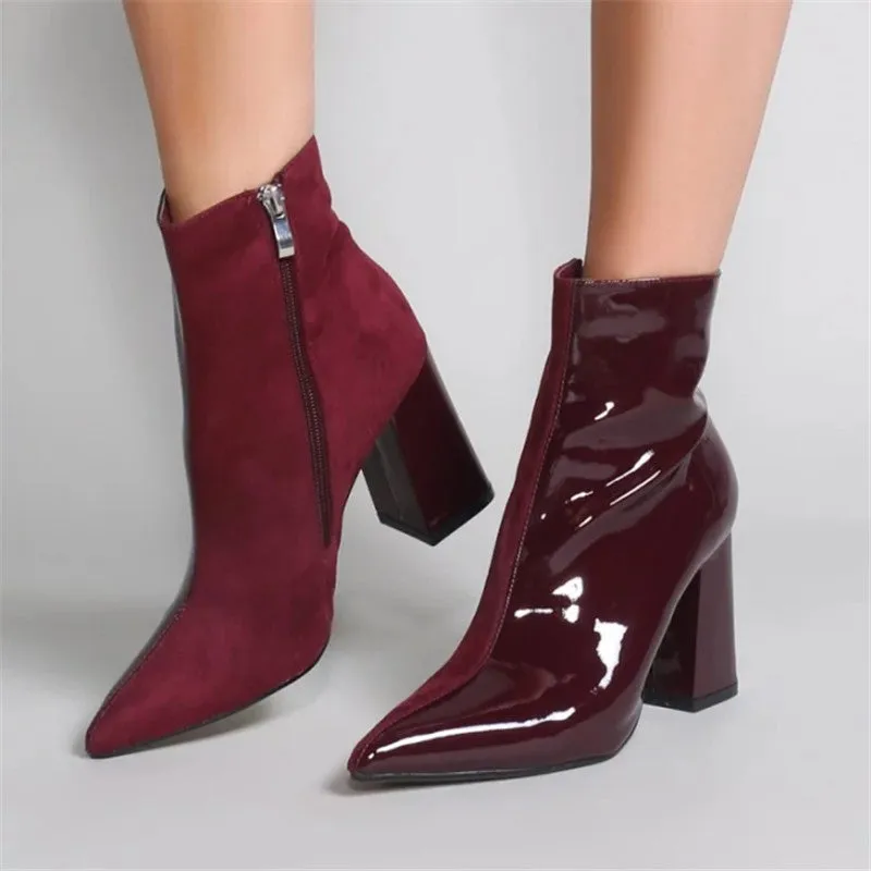 fashion autumn winter boots women pointed toe zip patent leather boots high heels shoes mixed colors women boots
