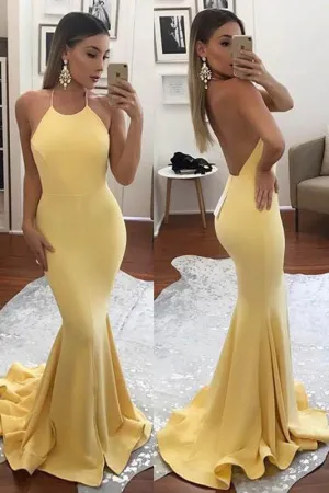 Fashion Halter Yellow Mermaid Sexy Backless Long Prom Dress Party Evening Dress OK645