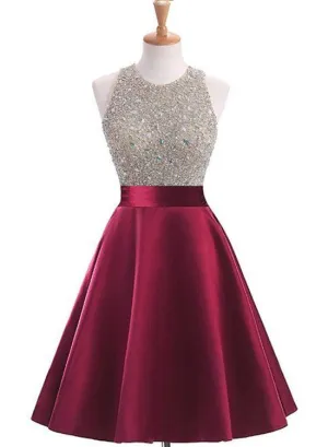 Fashion Knee-Length Open Back Satin Homecoming Dress with Beading, Short Party Dress
