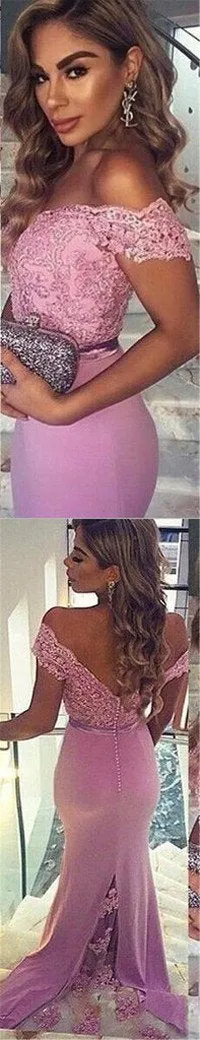 Fashion Off shoulder V-Back Long Prom Dresses With Sweep Train, MP224