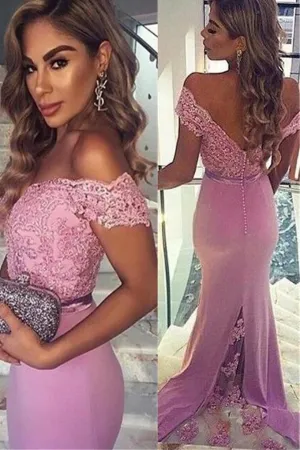 Fashion Off shoulder V-Back Long Prom Dresses With Sweep Train, MP224