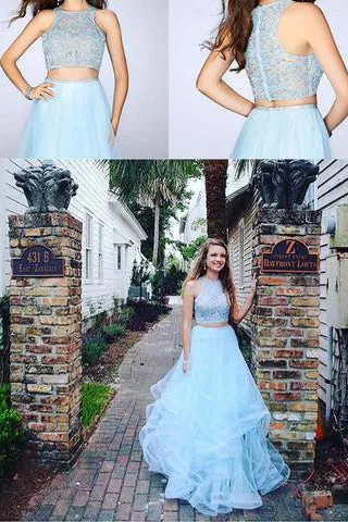 Fashion Two Pieces Light Blue Lace Tulle Ruffles A-line Prom Dresses For Teens OK694