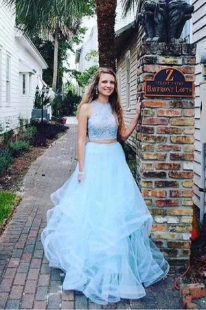 Fashion Two Pieces Light Blue Lace Tulle Ruffles A-line Prom Dresses For Teens OK694