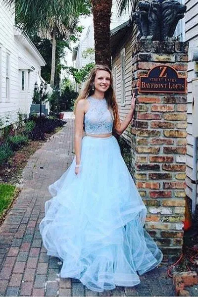 Fashion Two Pieces Light Blue Lace Tulle Ruffles A-line Prom Dresses For Teens OK694