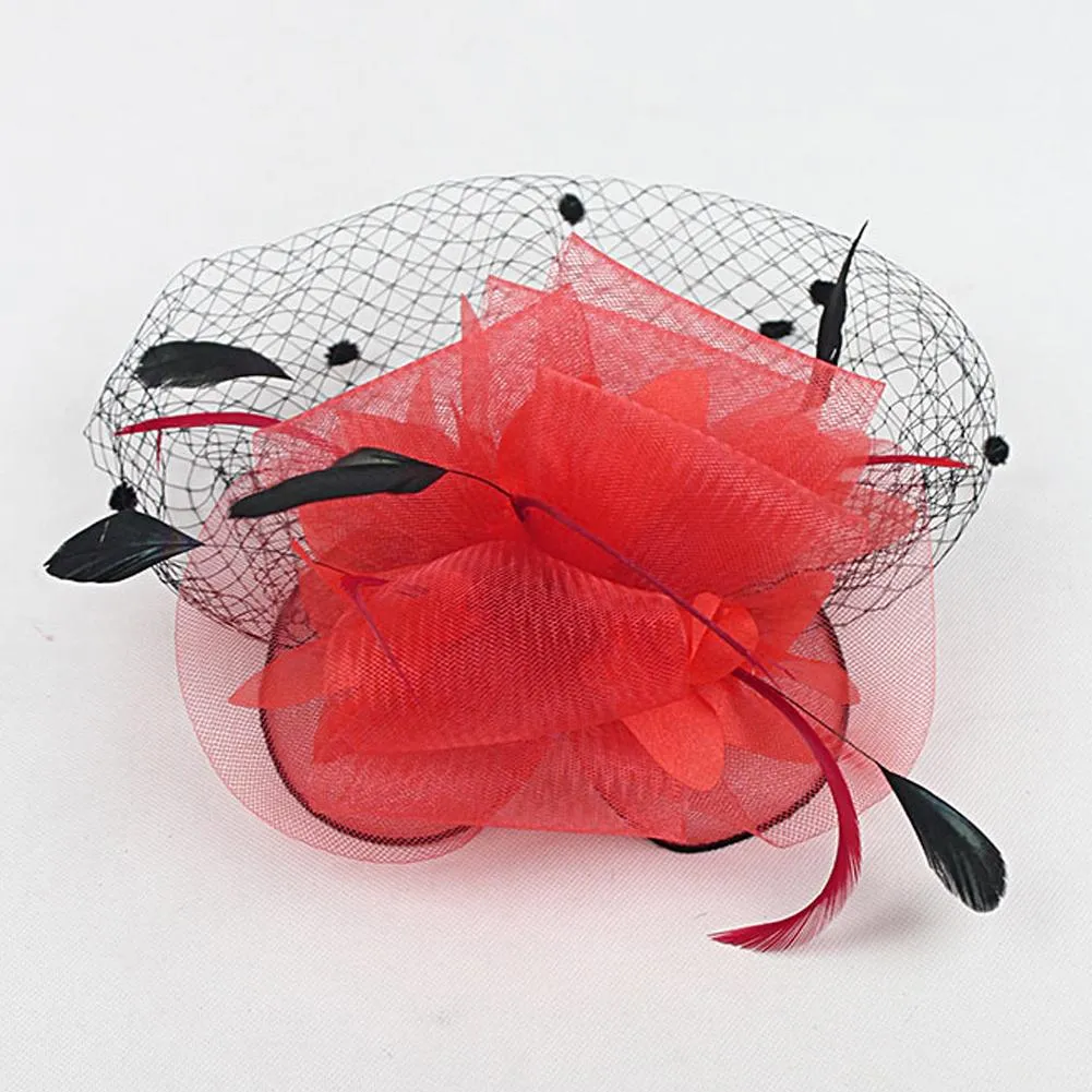 Feather Flower Red Fascinator Polka Dot Net Pillbox Cocktail Hat Hair Clip