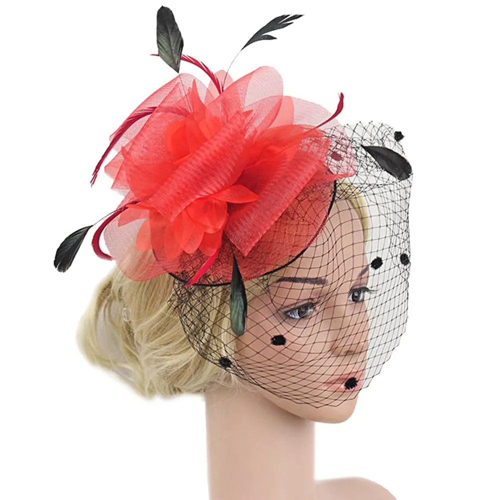 Feather Flower Red Fascinator Polka Dot Net Pillbox Cocktail Hat Hair Clip