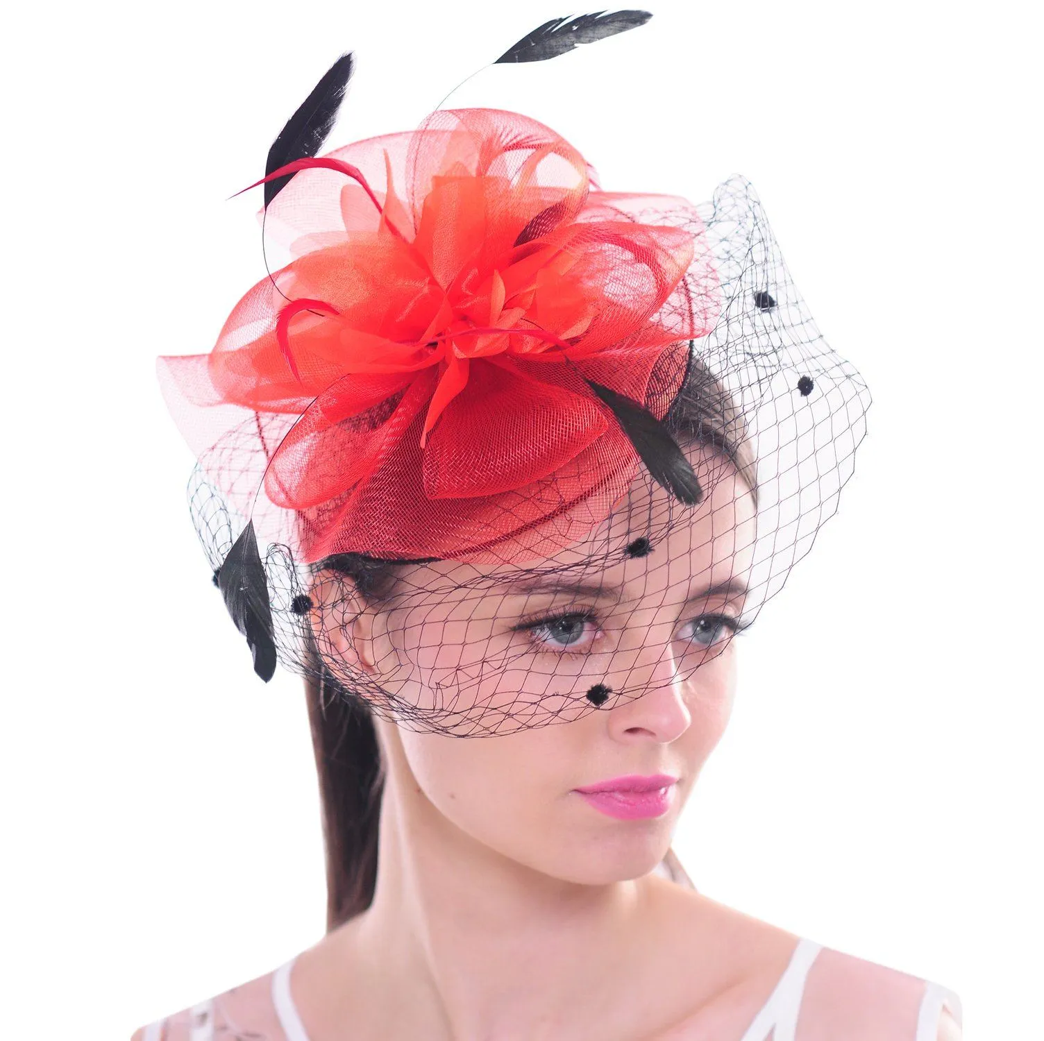 Feather Flower Red Fascinator Polka Dot Net Pillbox Cocktail Hat Hair Clip
