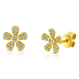 FLOWER W/ BEZEL DIAMOND STUDS, 14kt Gold