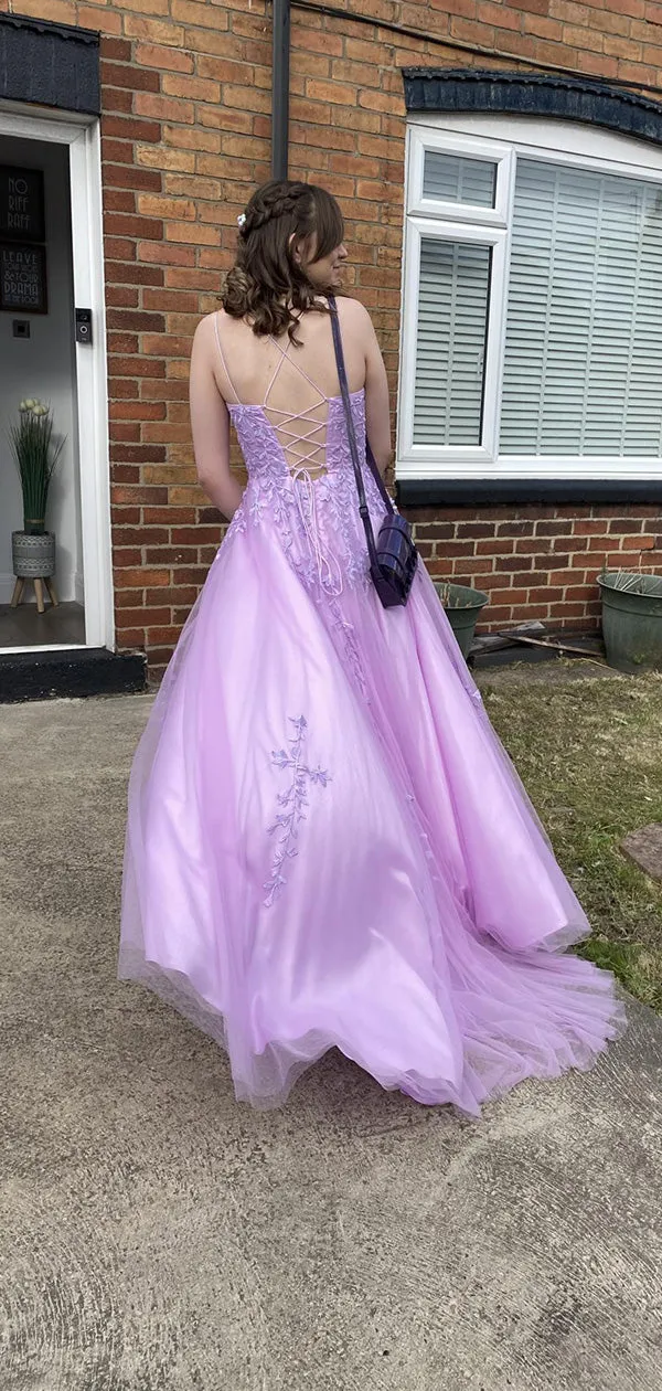 Gentle Pink Spaghetti Strap A-Line Lace Up Back Long Evening Gown Prom Dresses,WGP416