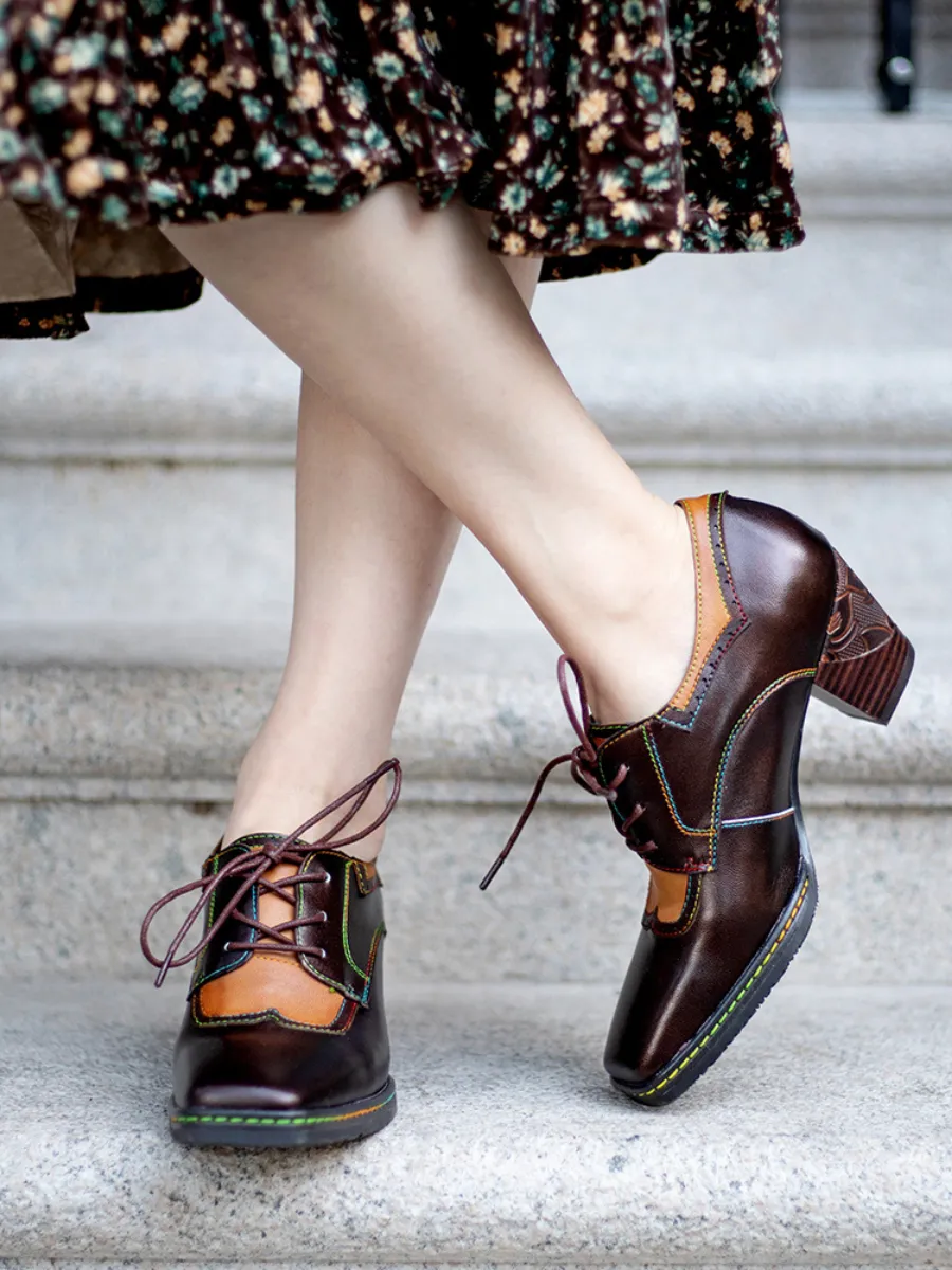 Genuine Leather Blossom Embossed Back Heel Oxford Shoes