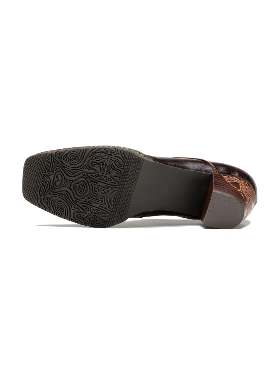 Genuine Leather Blossom Embossed Back Heel Oxford Shoes