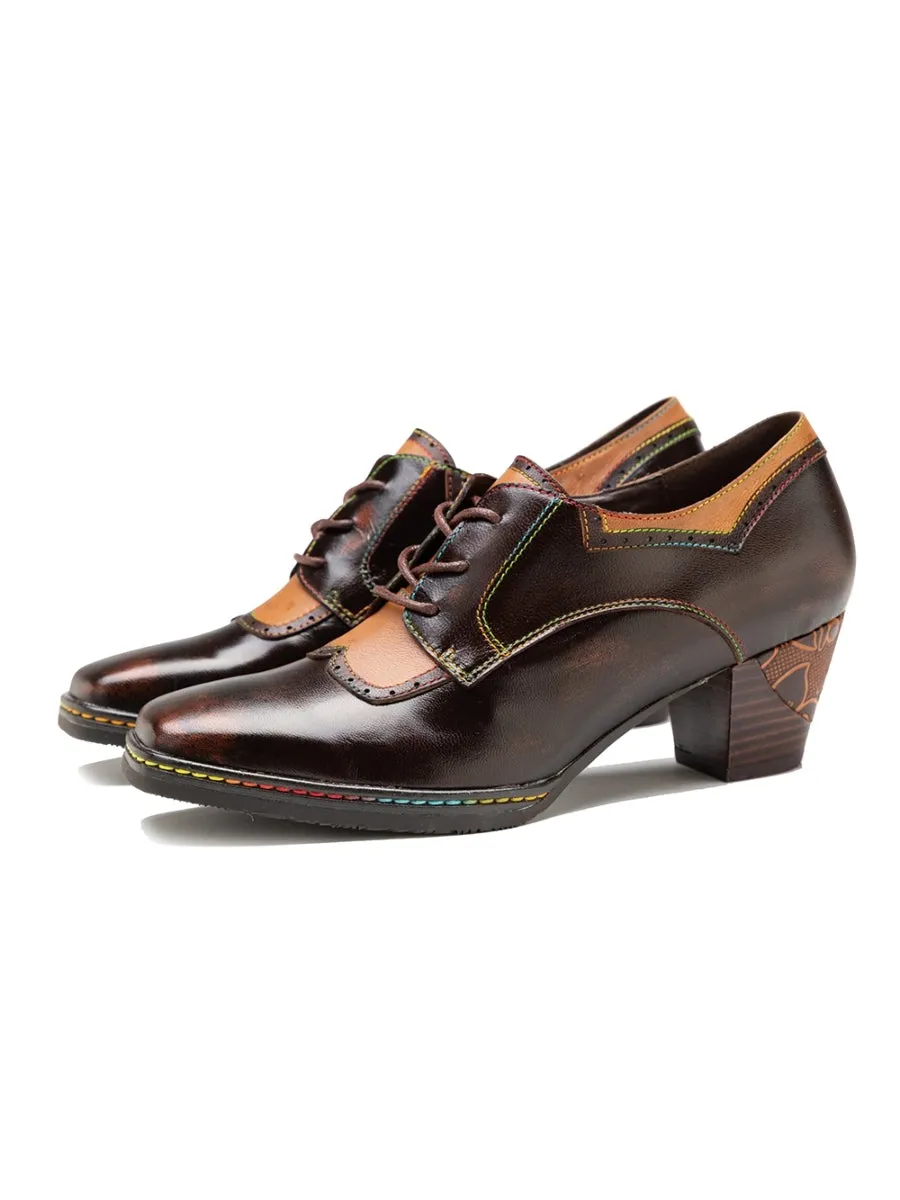 Genuine Leather Blossom Embossed Back Heel Oxford Shoes