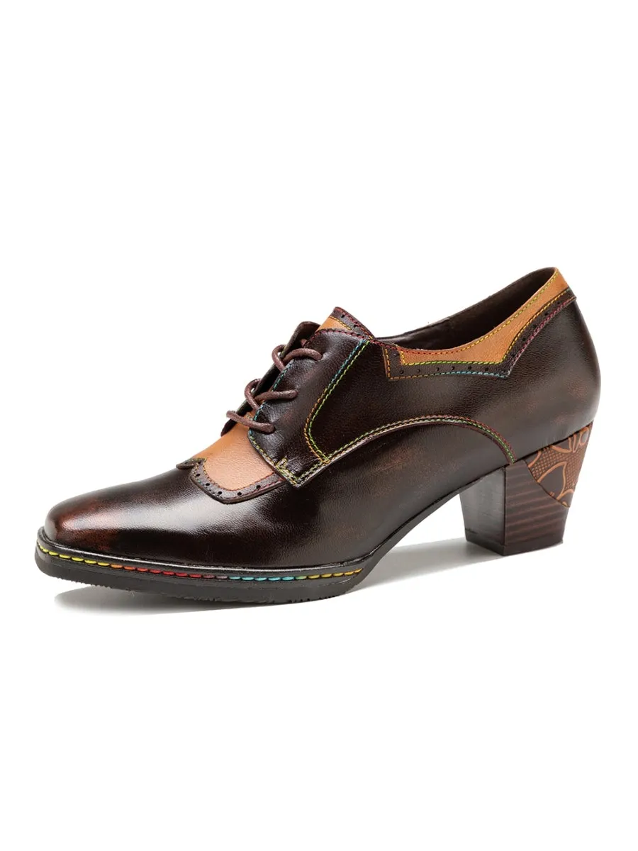Genuine Leather Blossom Embossed Back Heel Oxford Shoes