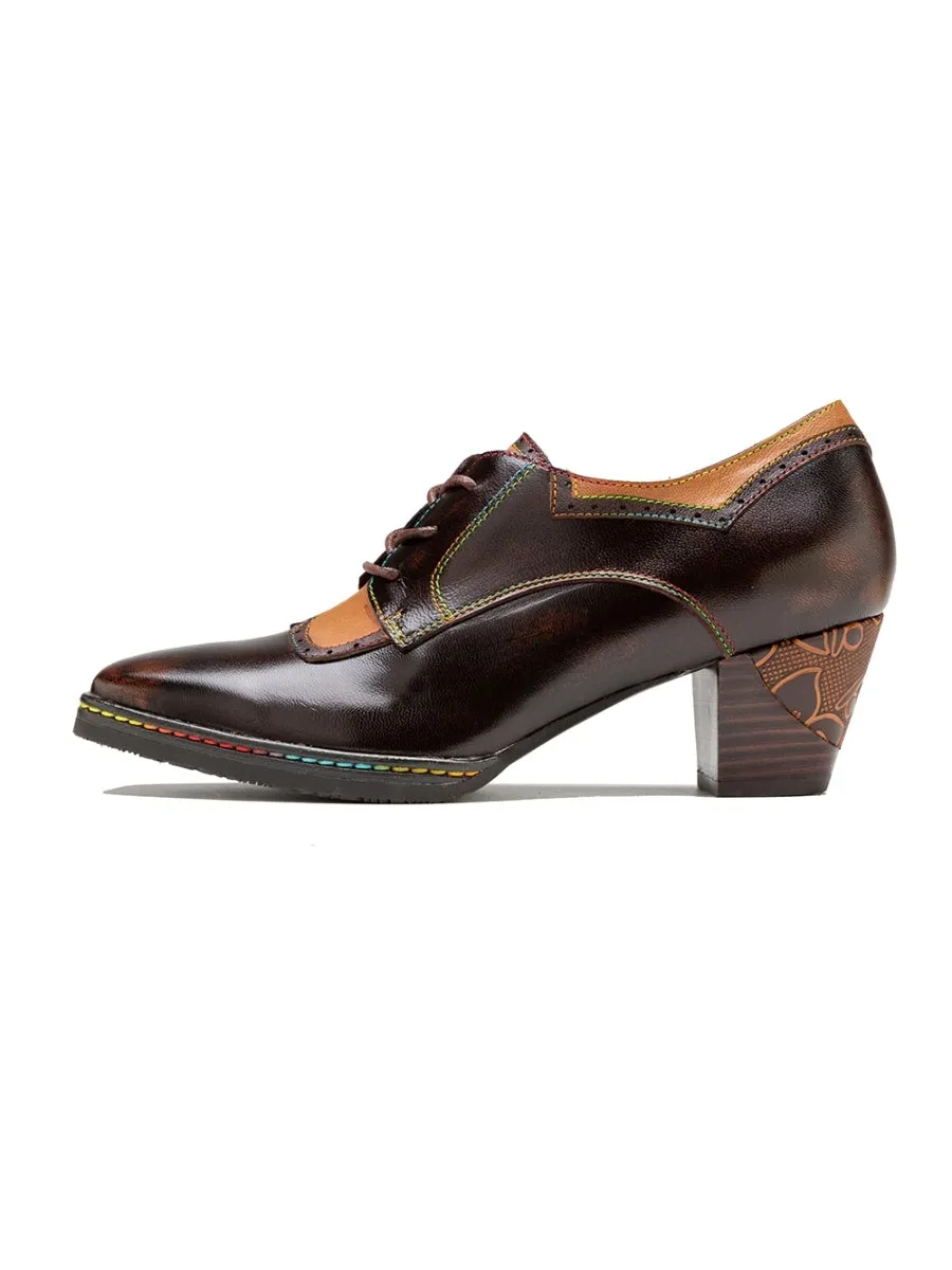 Genuine Leather Blossom Embossed Back Heel Oxford Shoes