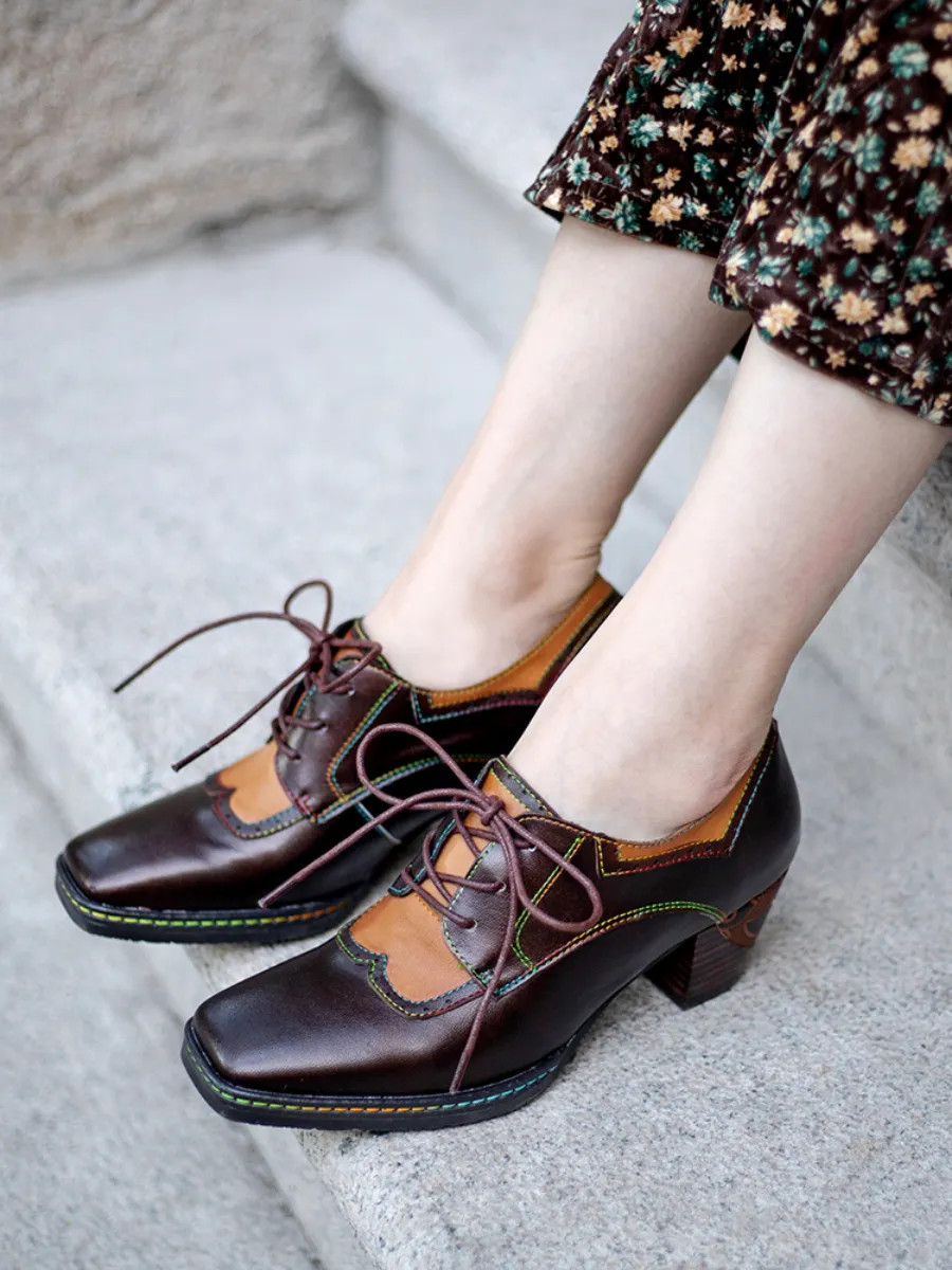 Genuine Leather Blossom Embossed Back Heel Oxford Shoes