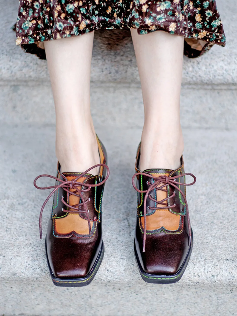 Genuine Leather Blossom Embossed Back Heel Oxford Shoes