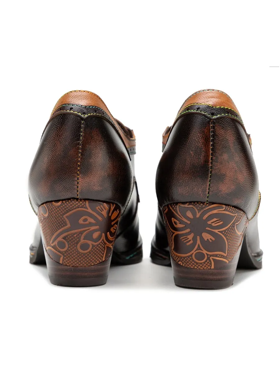 Genuine Leather Blossom Embossed Back Heel Oxford Shoes