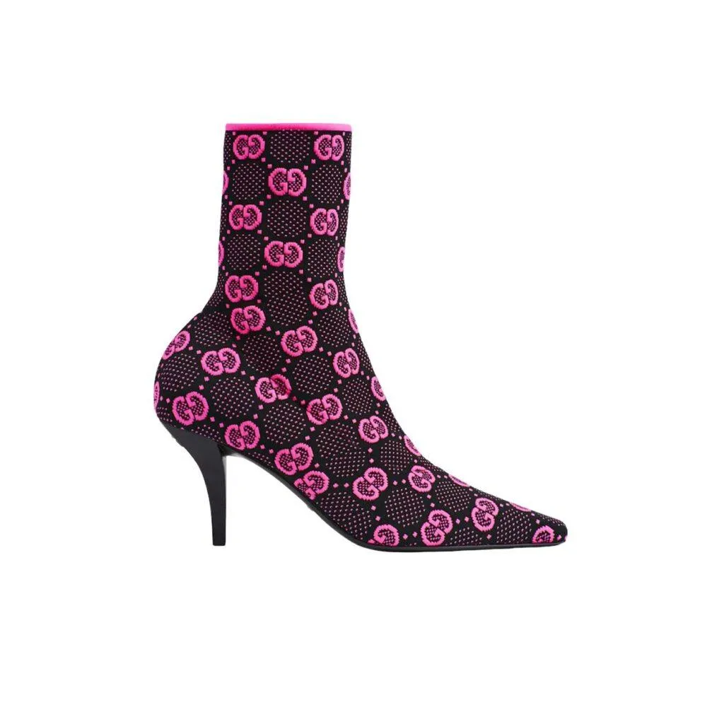 GG GG 75MM KNIT ANKLE BOOTS BLACK FLUORESCENT PINK FABRIC 718378 FAAQP 8610
