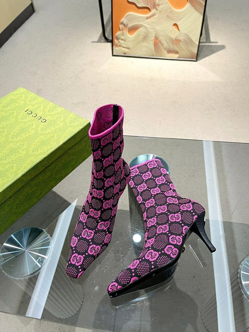 GG GG 75MM KNIT ANKLE BOOTS BLACK FLUORESCENT PINK FABRIC 718378 FAAQP 8610