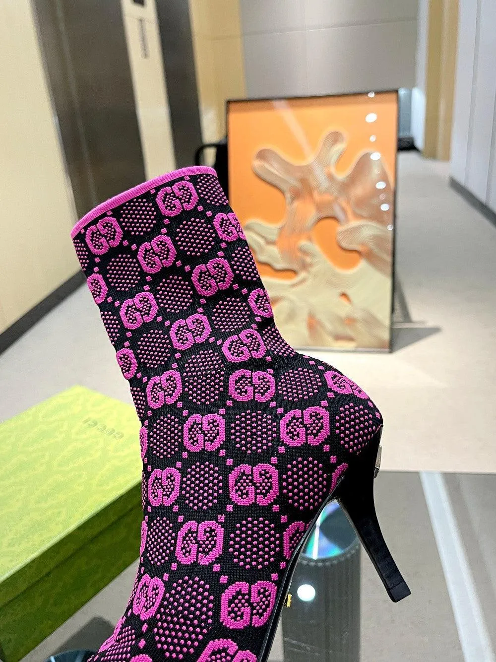 GG GG 75MM KNIT ANKLE BOOTS BLACK FLUORESCENT PINK FABRIC 718378 FAAQP 8610