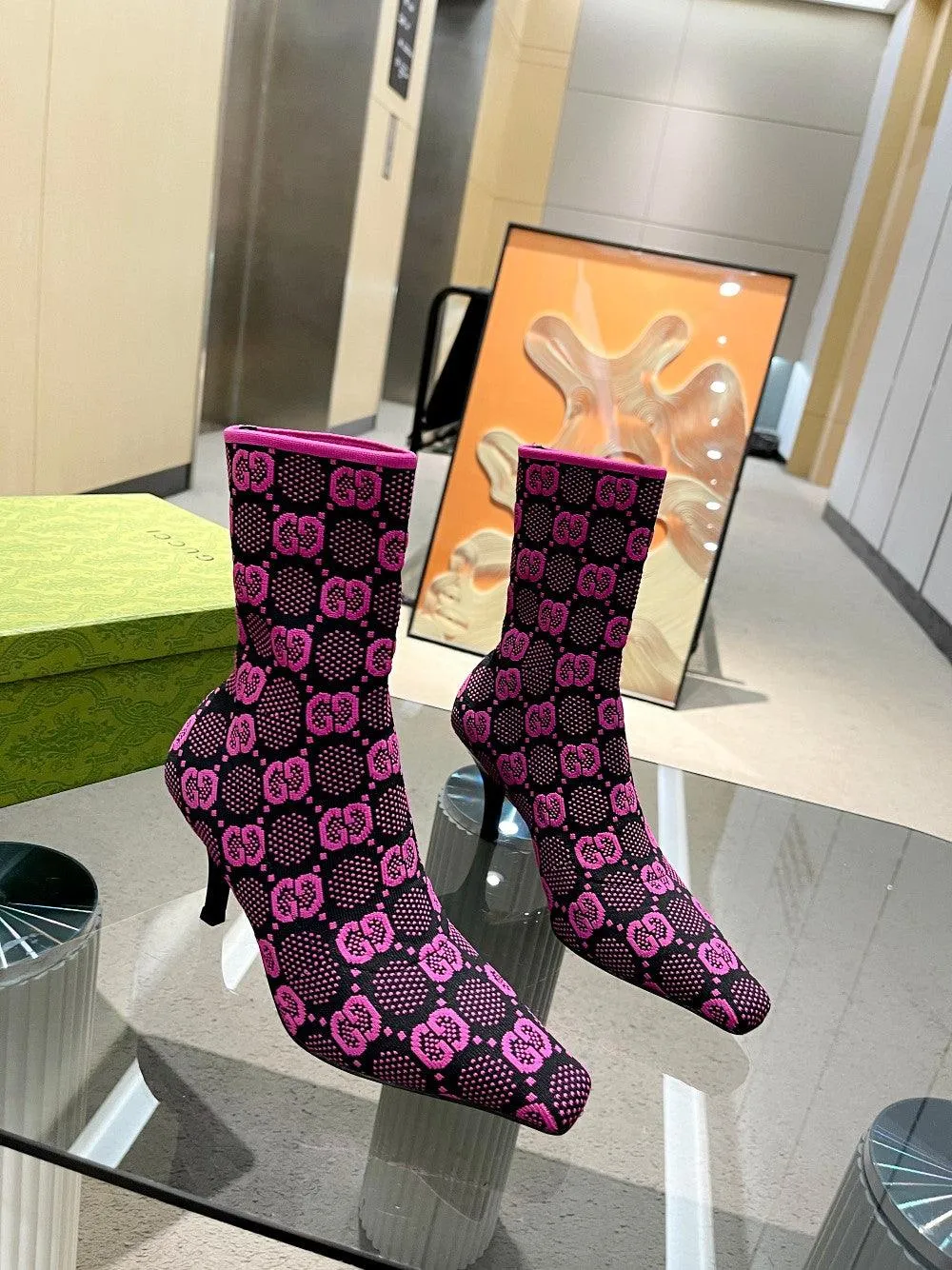GG GG 75MM KNIT ANKLE BOOTS BLACK FLUORESCENT PINK FABRIC 718378 FAAQP 8610