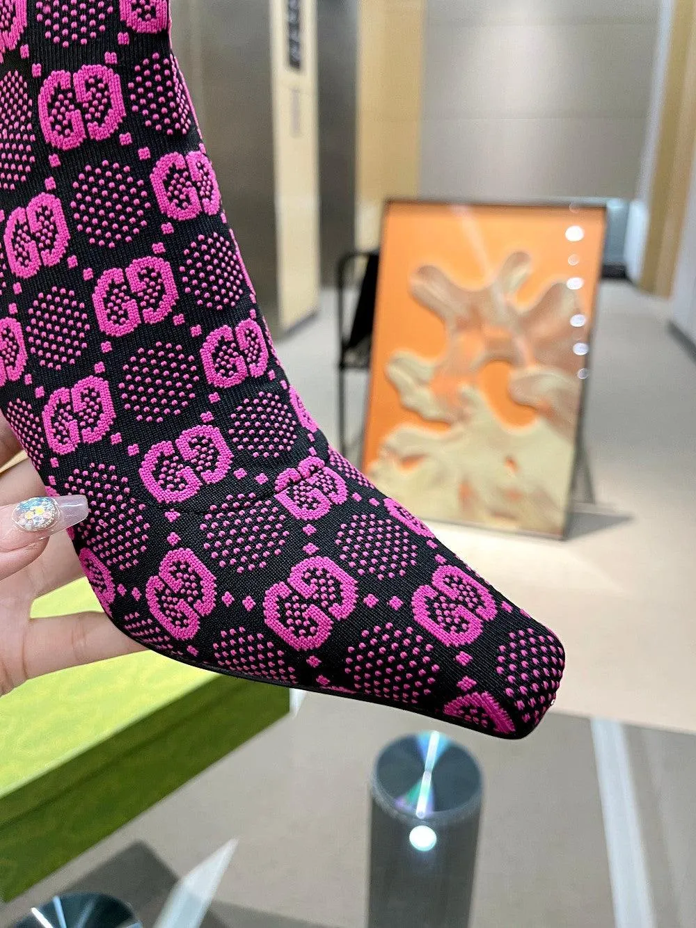 GG GG 75MM KNIT ANKLE BOOTS BLACK FLUORESCENT PINK FABRIC 718378 FAAQP 8610