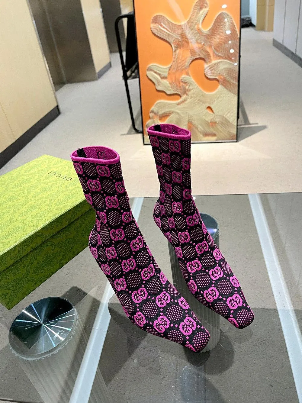 GG GG 75MM KNIT ANKLE BOOTS BLACK FLUORESCENT PINK FABRIC 718378 FAAQP 8610