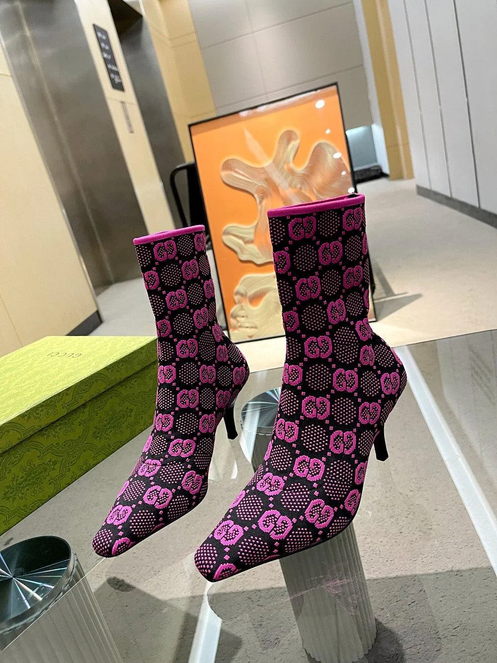 GG GG 75MM KNIT ANKLE BOOTS BLACK FLUORESCENT PINK FABRIC 718378 FAAQP 8610
