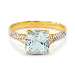 GLORIOUS DIAMOND & AQUAMARINE RING, 14KT GOLD