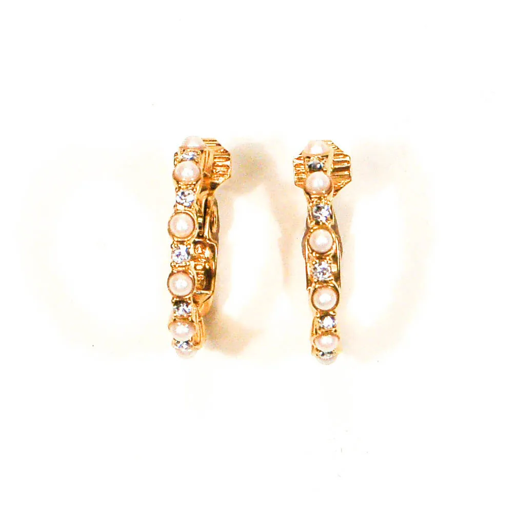 Gold Tone Pearl and Rhinestone Hoop Earrings by Monet