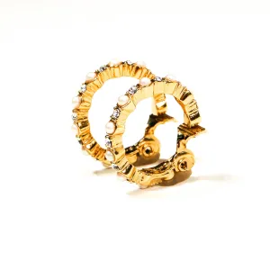 Gold Tone Pearl and Rhinestone Hoop Earrings by Monet