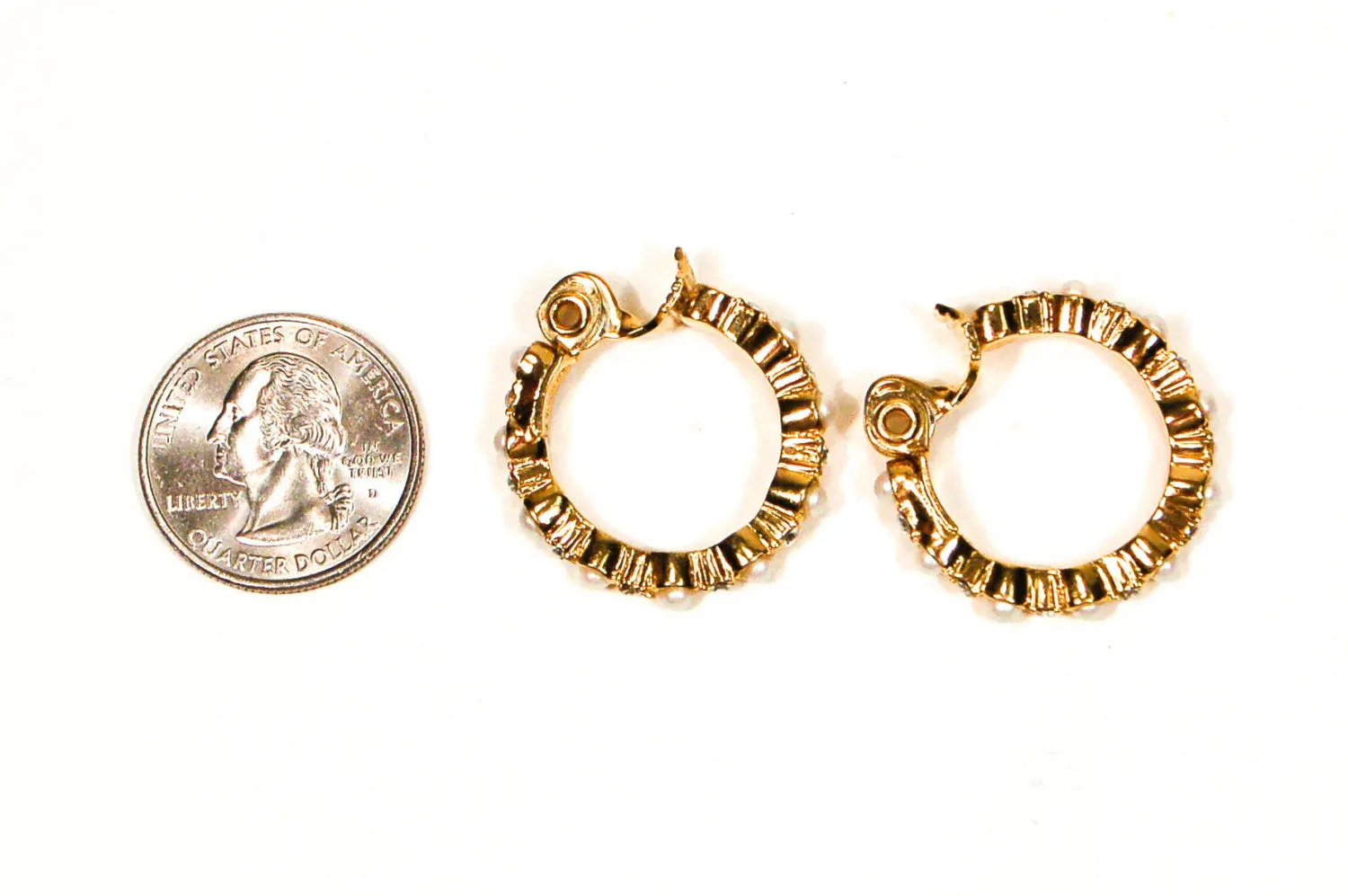 Gold Tone Pearl and Rhinestone Hoop Earrings by Monet