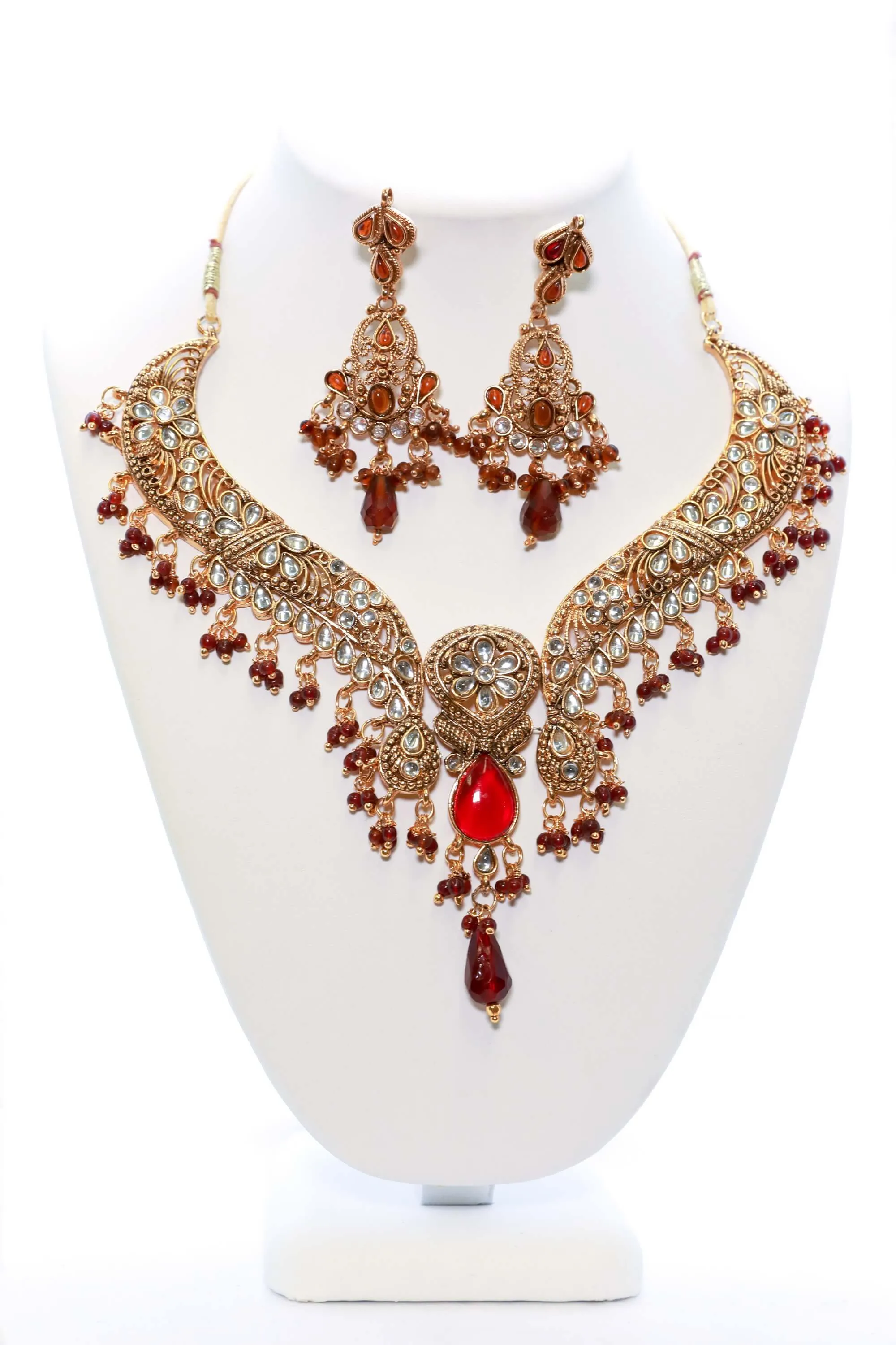 Golden and Red Necklace and Earring Set