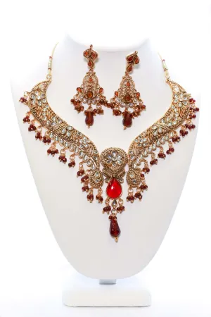 Golden and Red Necklace and Earring Set