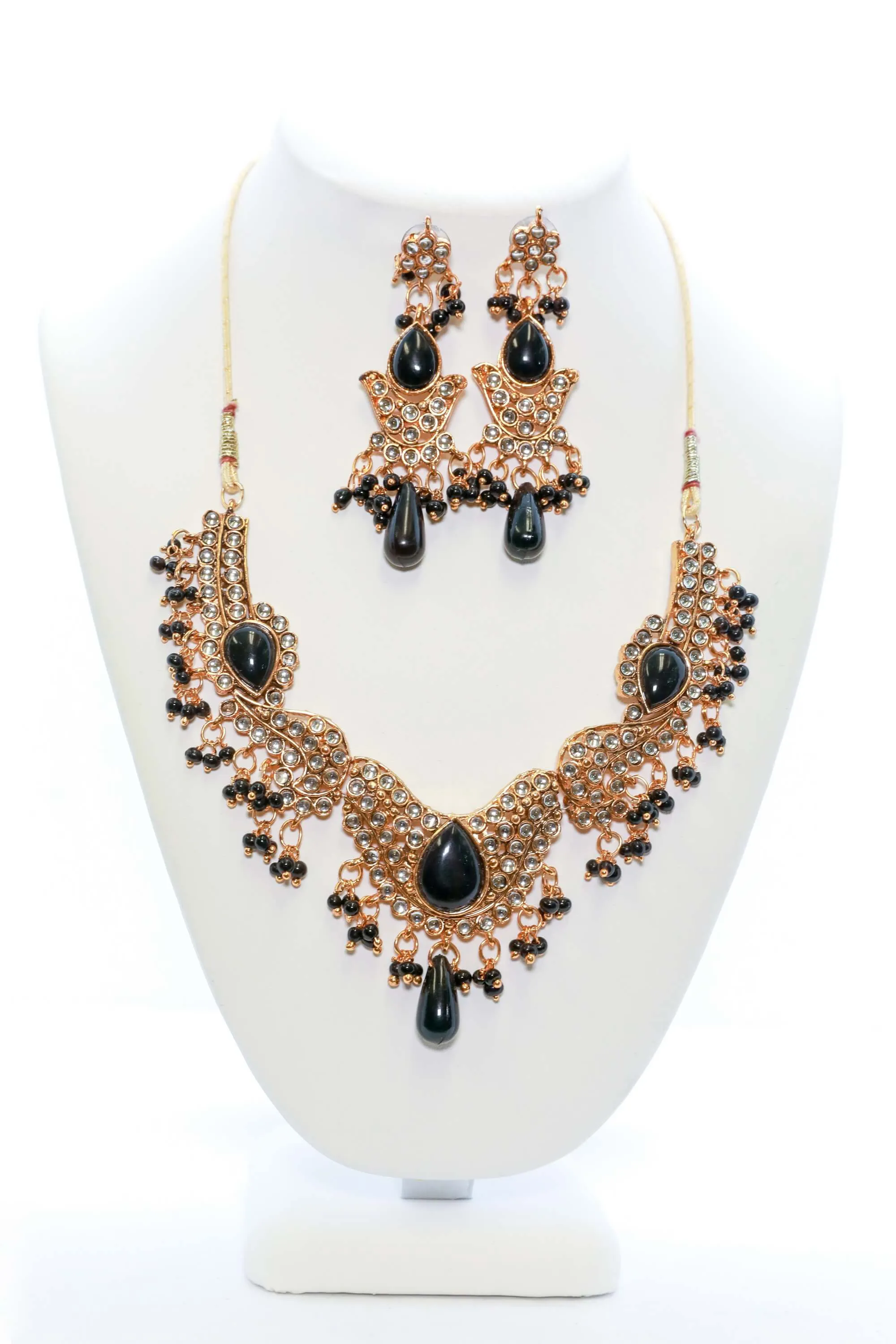 Golden Necklace and Earring Set With Black Stones