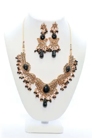 Golden Necklace and Earring Set With Black Stones