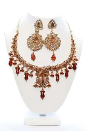 Golden Necklace and Earring Set with Red Stones