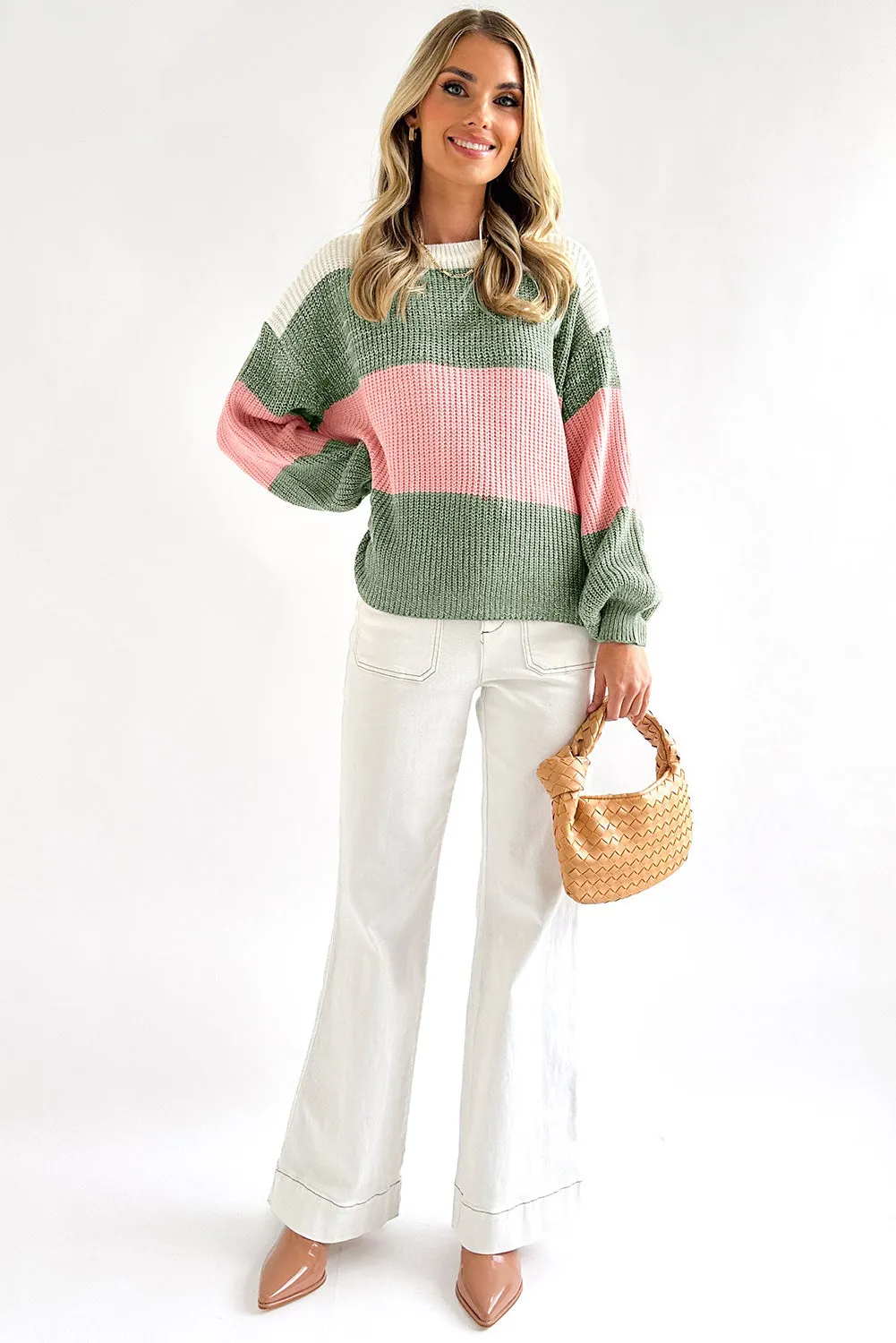 Green Colorblock Drop Shoulder Pullover Loose Sweater