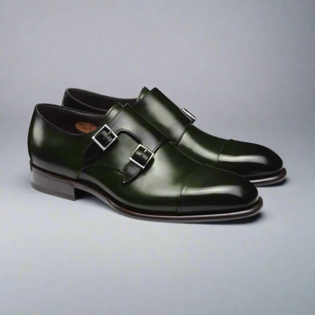 Green Leather Woodford Balmoral Double Monk Strap Toe Cap Oxfords - Formal Shoes - Monk Shoes