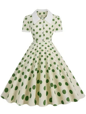 Green Polka Dots Johnny Collar Short Sleeve Swing Vintage 1950S Party Dress