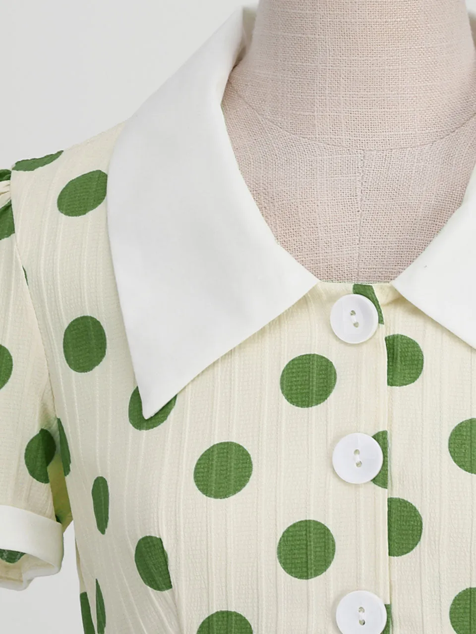 Green Polka Dots Johnny Collar Short Sleeve Swing Vintage 1950S Party Dress