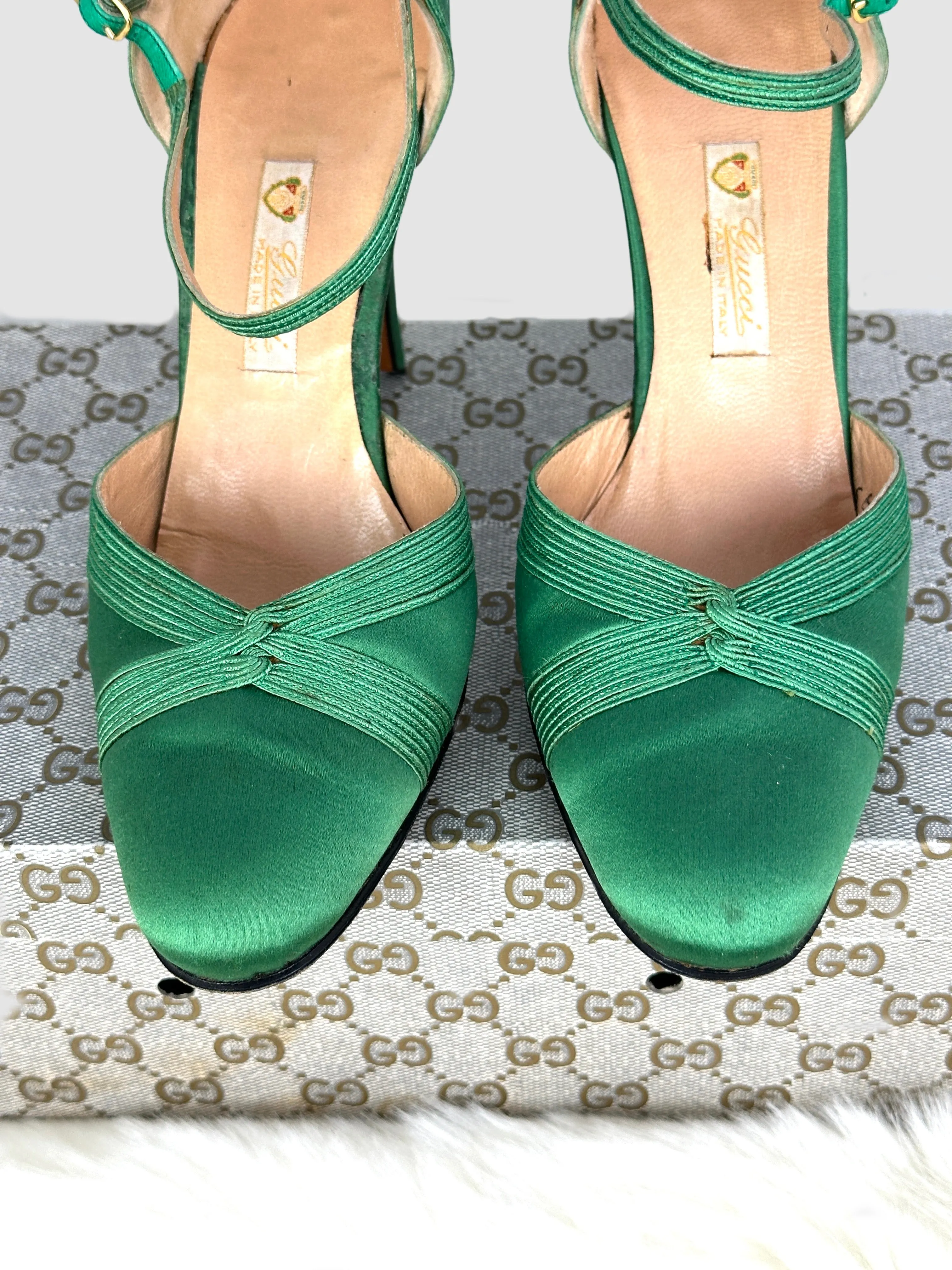 GUCCI 70s Green Satin Ankle Strap Shoes • Size 35 - 5