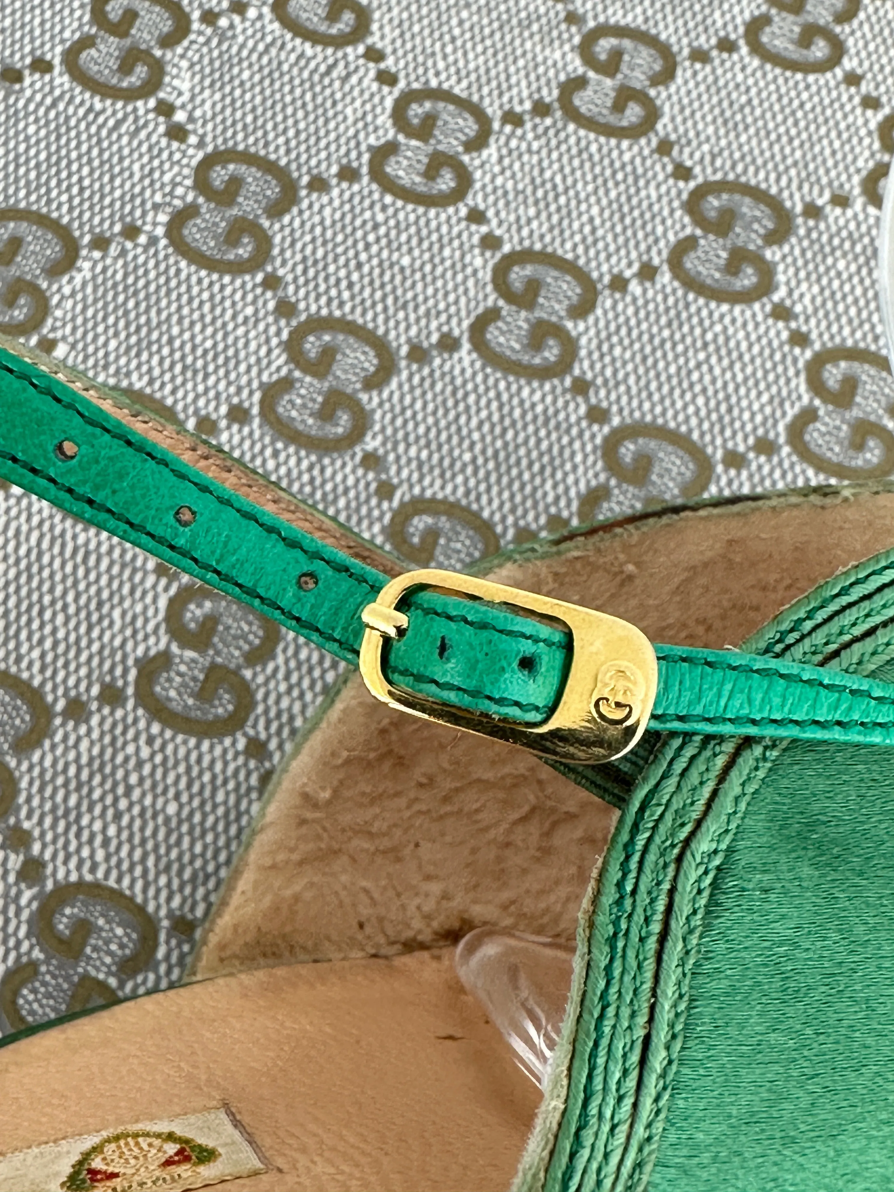 GUCCI 70s Green Satin Ankle Strap Shoes • Size 35 - 5