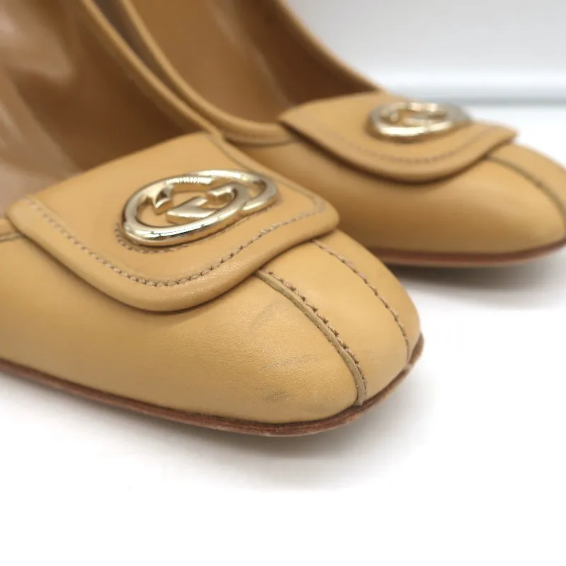 Gucci Interlocking GG Pumps Beige Leather Size 8 Square Toe Heels